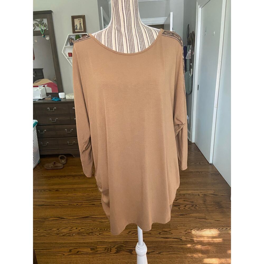 Ruby Rd tan  T-shirt with ruching at hem and sequin animal print on sleeves